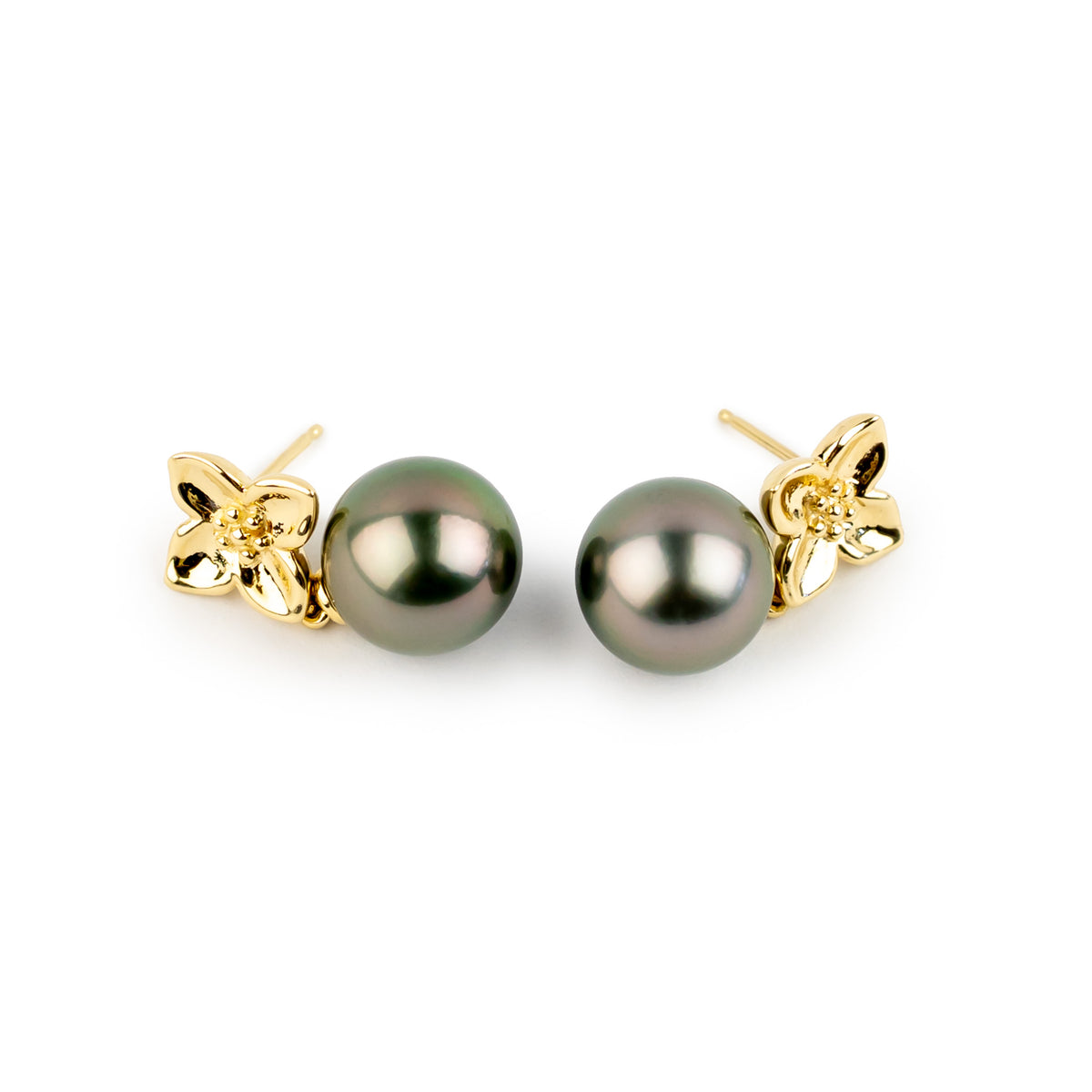 Rosy Pink Green 10.8mm Tahitian Pearl Plumeria Dangle Earrings