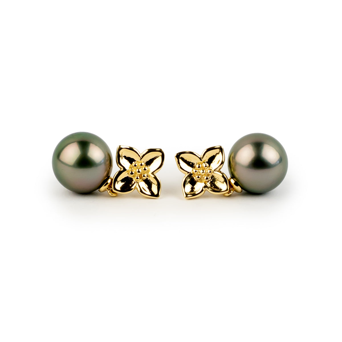 Rosy Pink Green 10.8mm Tahitian Pearl Plumeria Dangle Earrings
