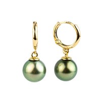 Golden Green Tahitian Pearl Huggie Hoop Earrings