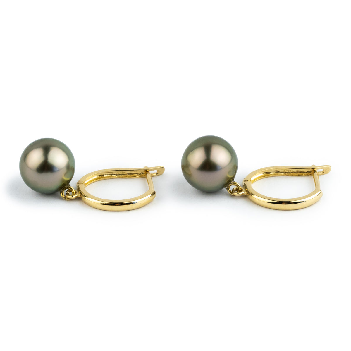 Rosy Pink Green 8.8mm Tahitian Pearl U-Hoop Earrings on 14K Yellow Gold