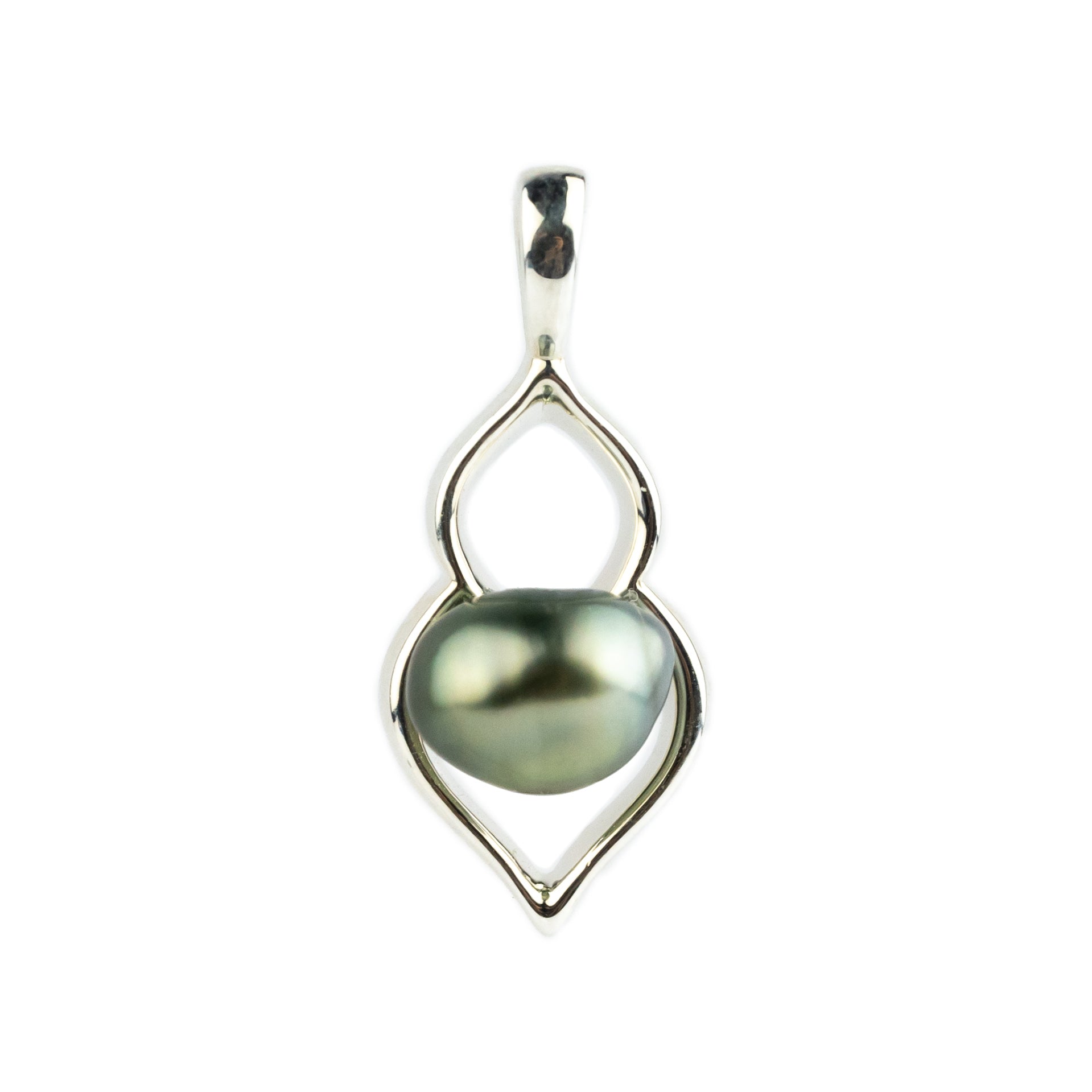 Silvery Green Keshi Pearl Lotus Pendant on Sterling Silver