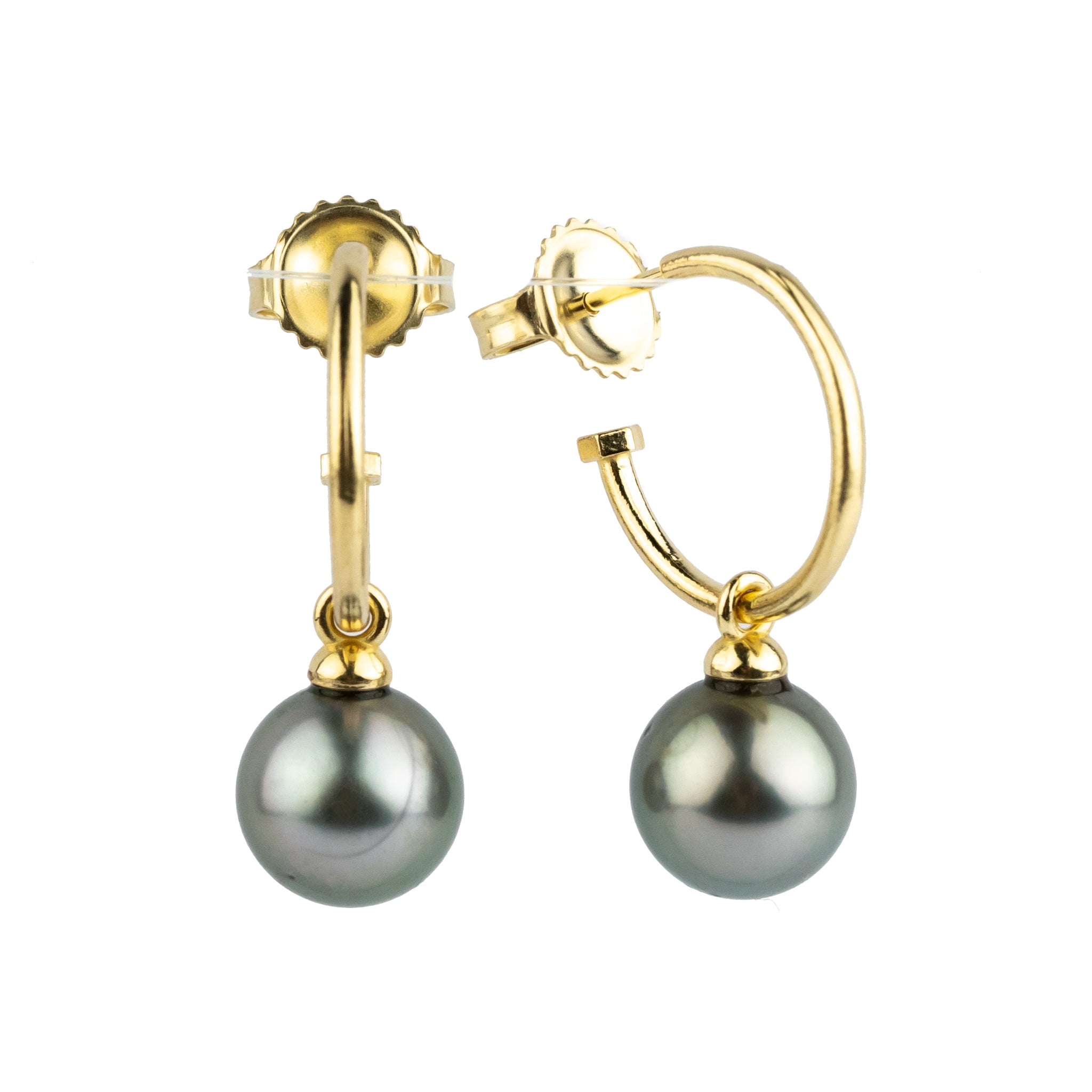 Lavender Pink Green Tahitian Pearl Hoop Earrings on 14K Yellow Gold