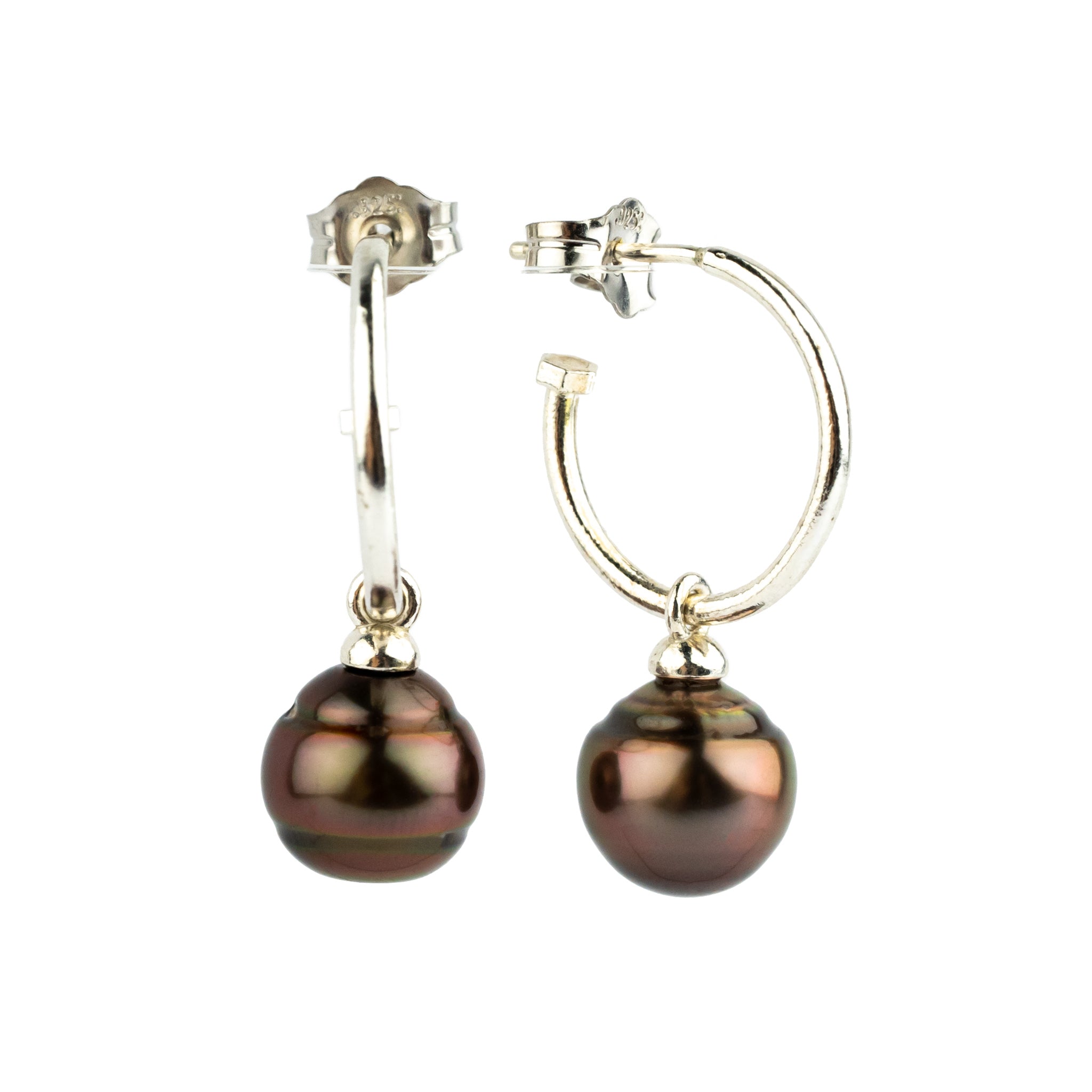 Aubergine Circled Tahitian Pearl Hoop Earrings on Sterling Silver