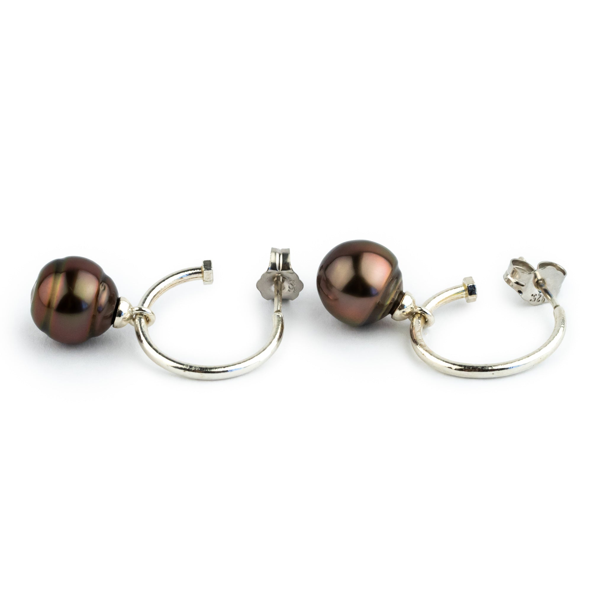 Aubergine Circled Tahitian Pearl Hoop Earrings on Sterling Silver