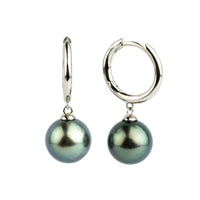 Blue Green 11.4mm Tahitian Pearl Hoop Earrings on Sterling Silver