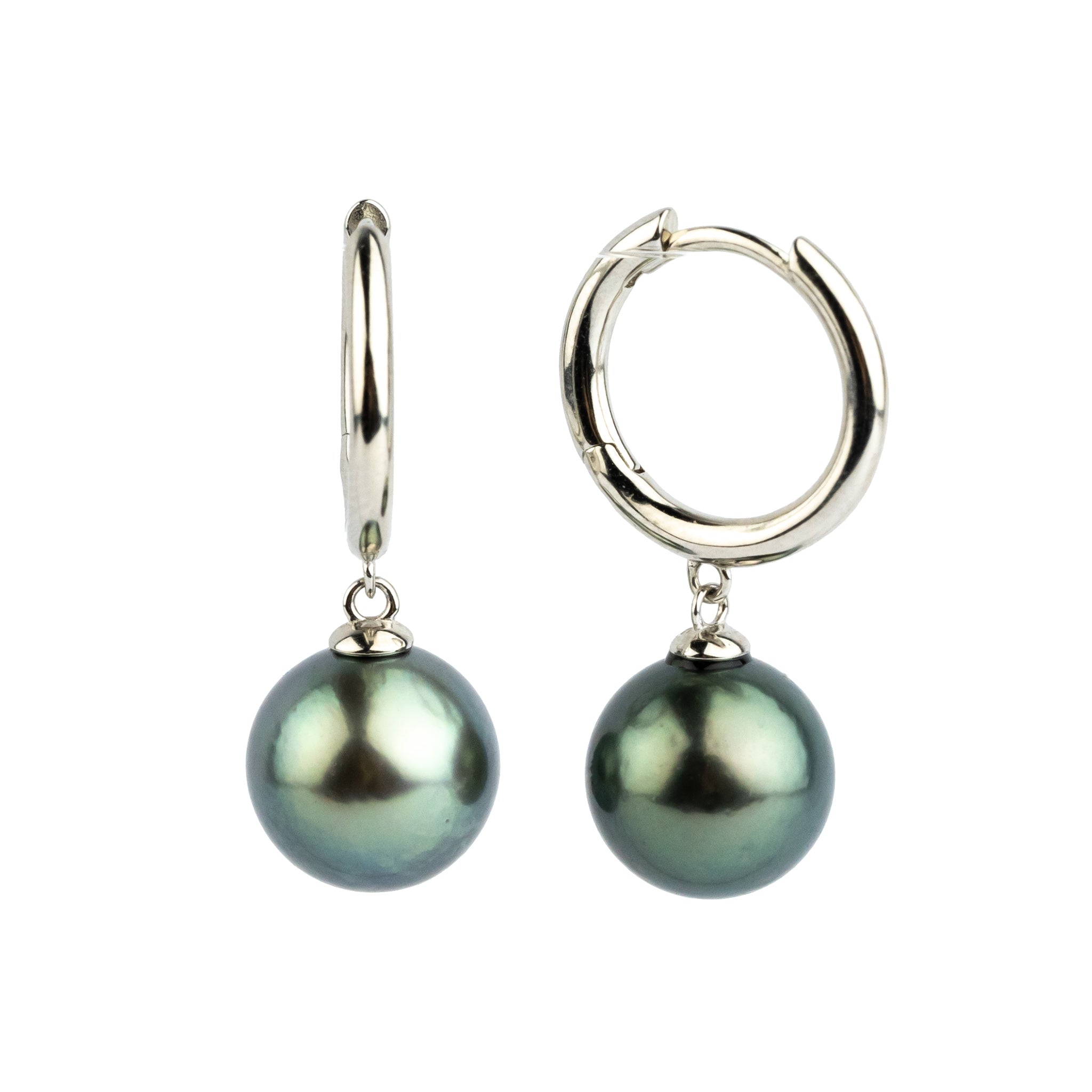 Blue Green 11.4mm Tahitian Pearl Hoop Earrings on Sterling Silver