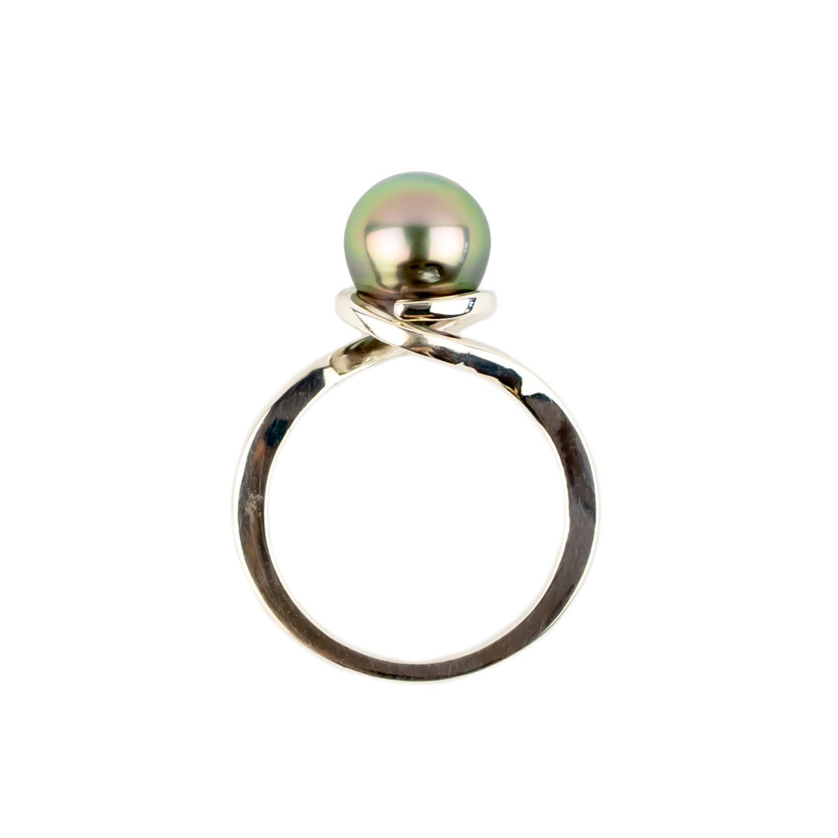 Pale Pink Green 8.7mm Tahitian Pearl Spiral Ring on Sterling Silver