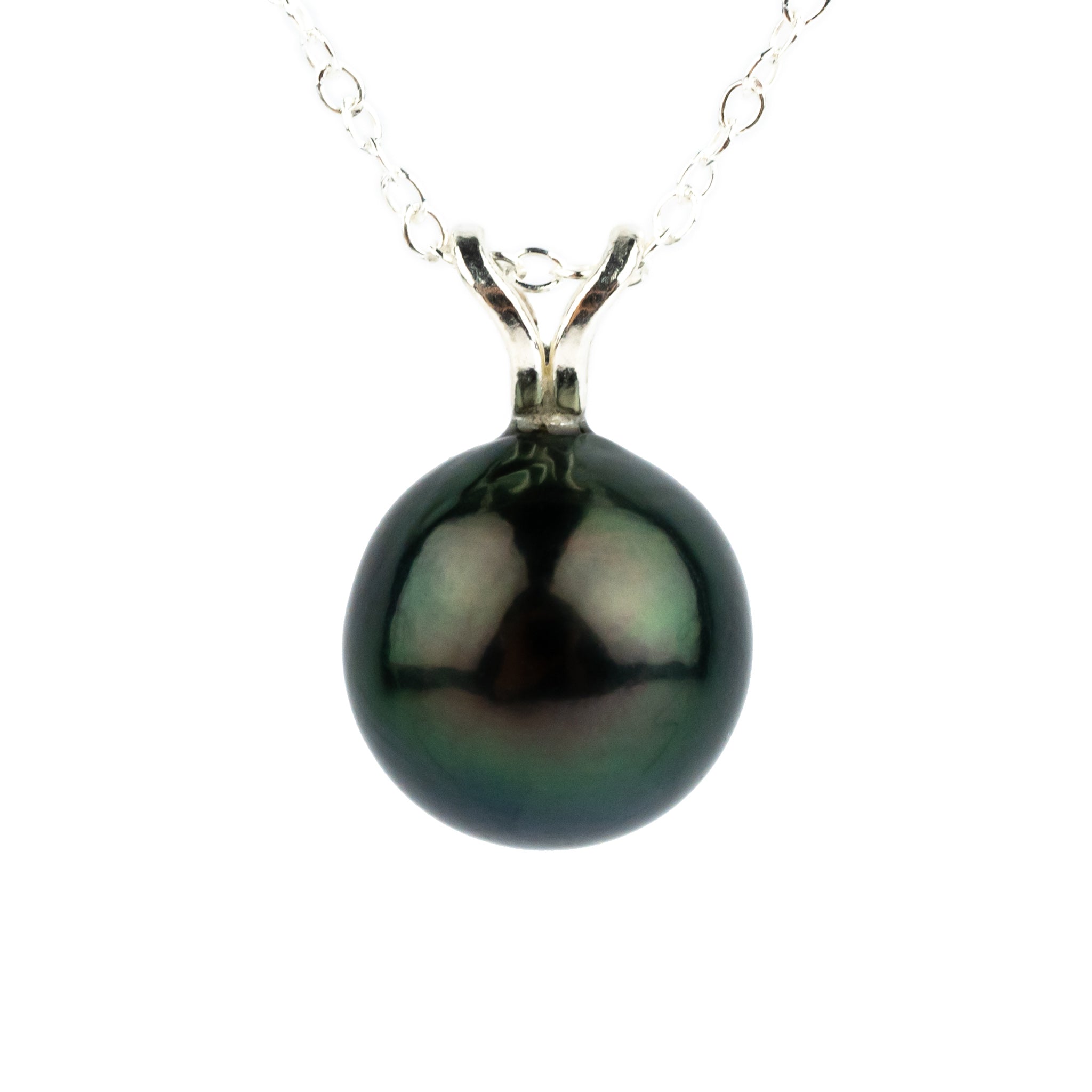 Midnight Green 9.4mm Tahitian Pearl I'a Necklace on Sterling Silver