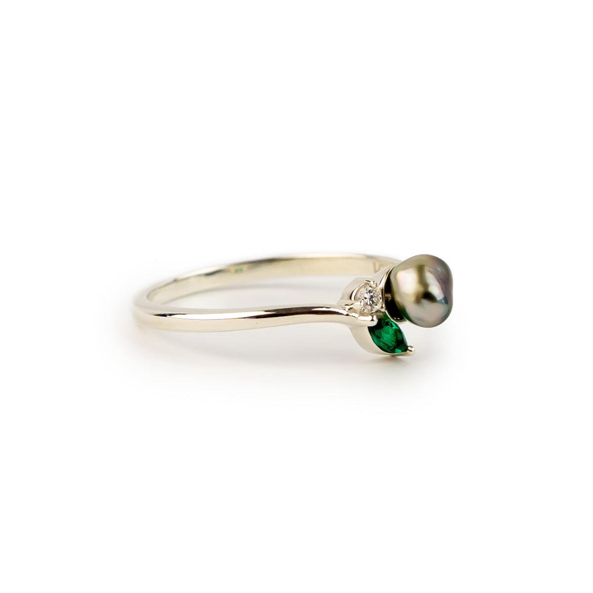Tahitian Keshi Pearl & Diamond Sunrise Ring on Sterling Silver