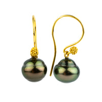 Coppery Green Circled Tahitian Pearl Gold Vermeil Hook Earrings