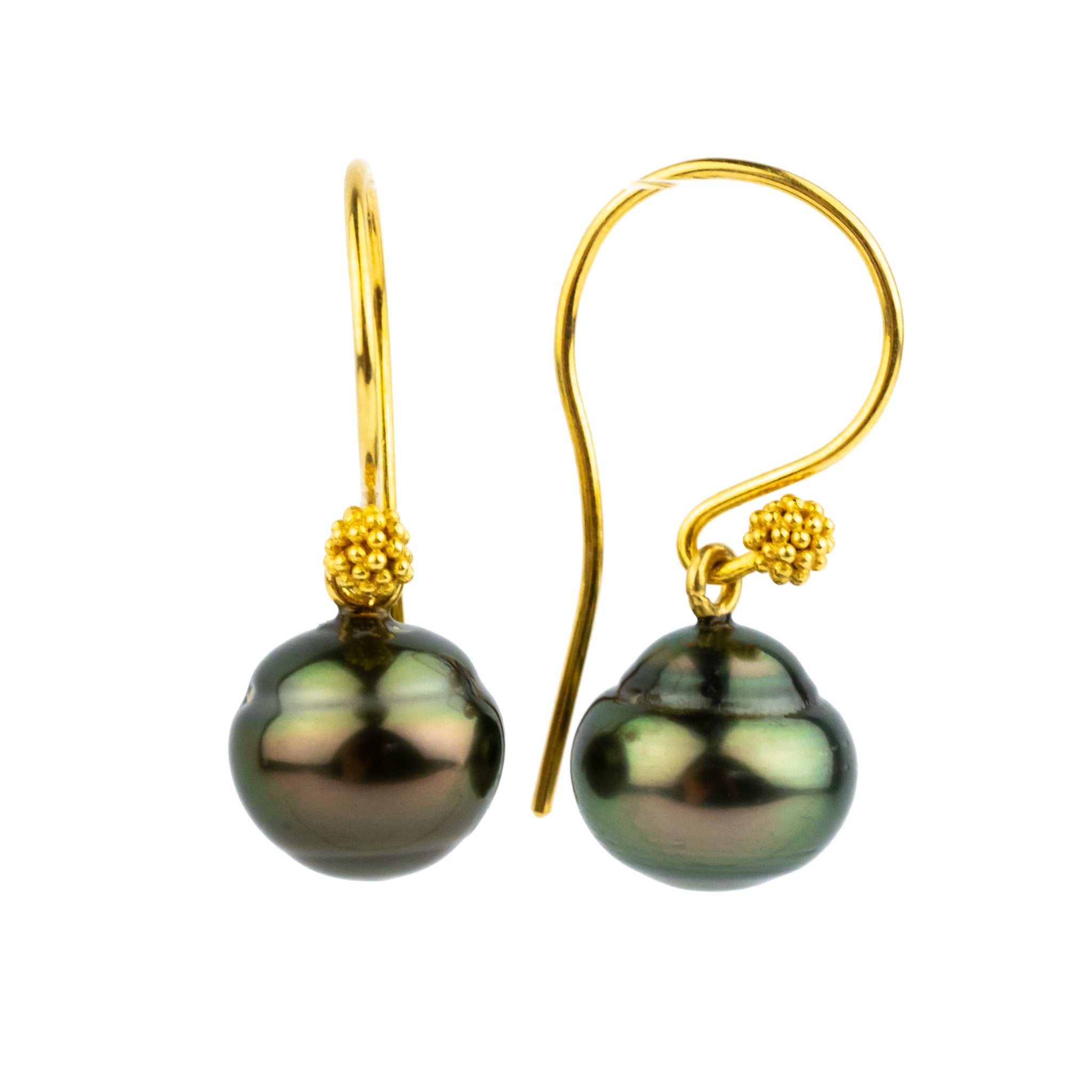 Coppery Green Circled Tahitian Pearl Gold Vermeil Hook Earrings