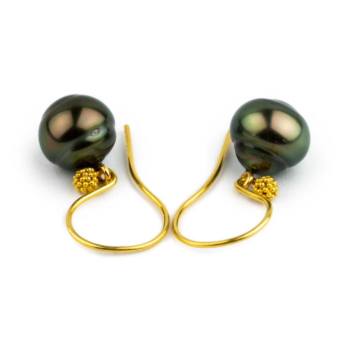 Coppery Green Circled Tahitian Pearl Gold Vermeil Hook Earrings