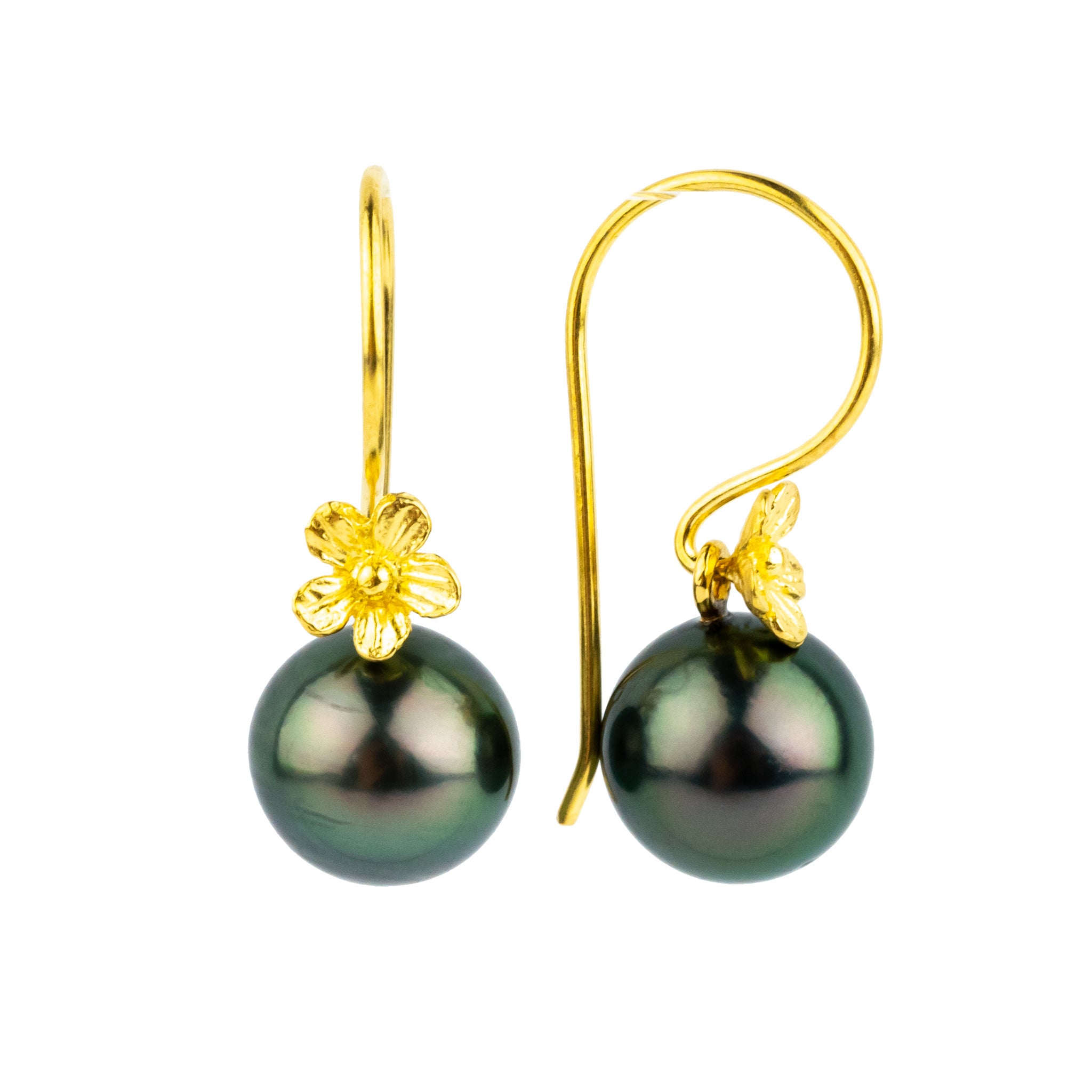 Peacock Green Tahitian Pearl Hibiscus Hook Earrings