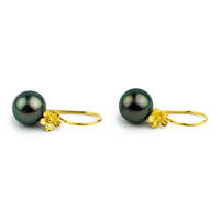 Peacock Green Tahitian Pearl Hibiscus Hook Earrings