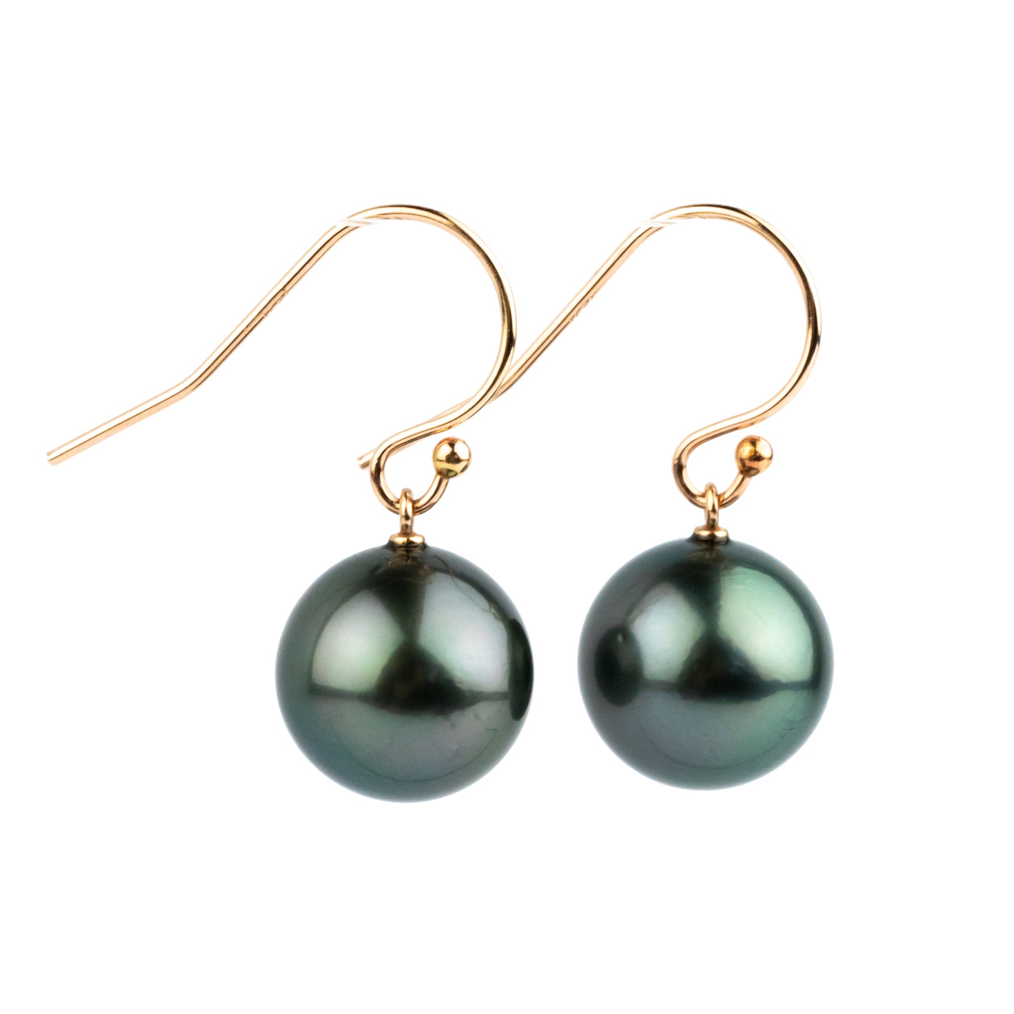 Stormy Purple Green Tahitian Pearl Dangle Earrings on 14K Rose Gold