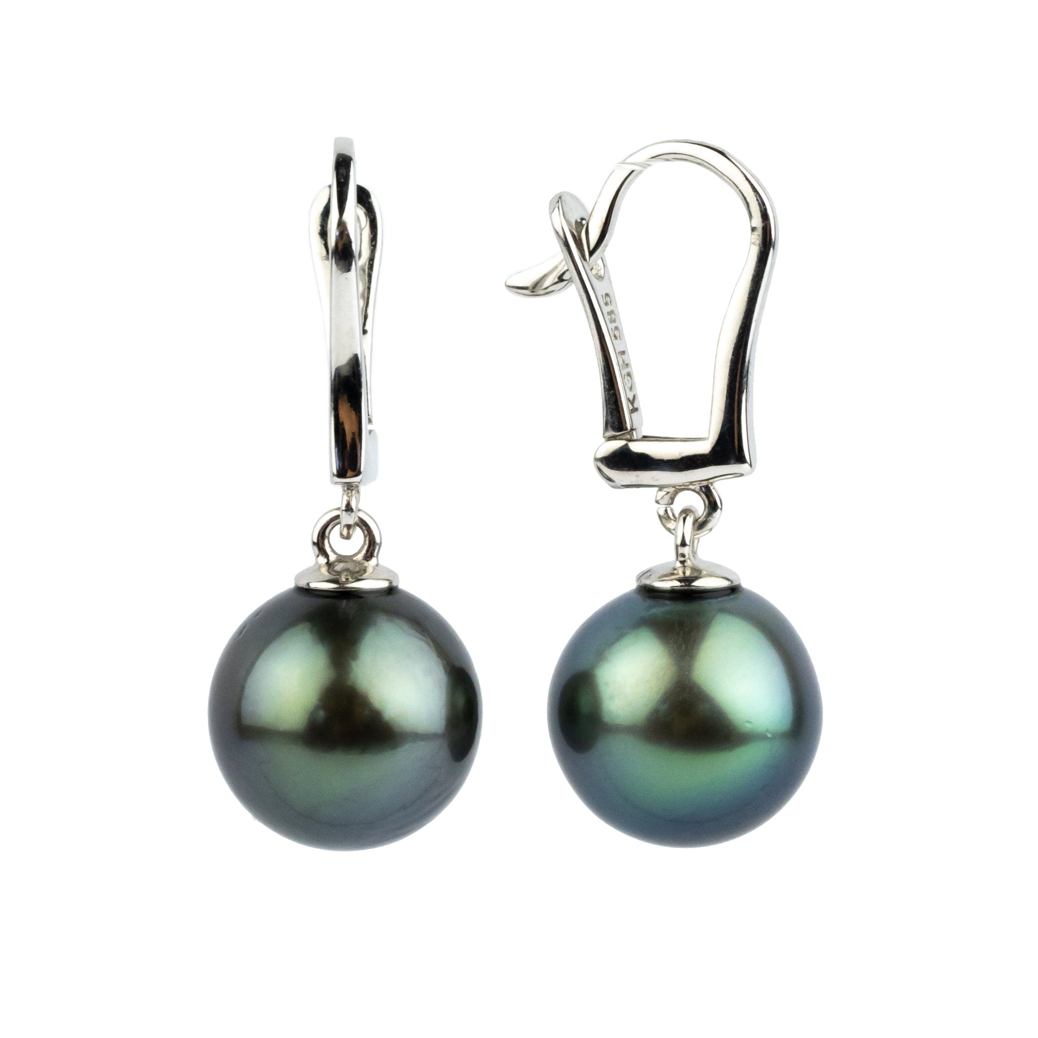 Indigo Green 10mm Tahitian Pearl Lever Back Earrings on 14K White Gold