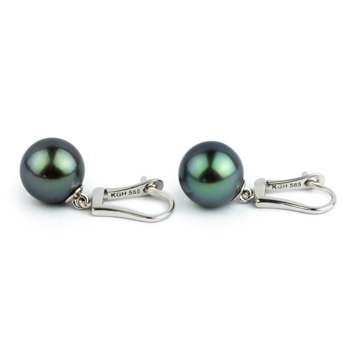 Indigo Green 10mm Tahitian Pearl Lever Back Earrings on 14K White Gold