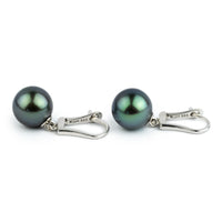 Indigo Green 10mm Tahitian Pearl Lever Back Earrings on 14K White Gold