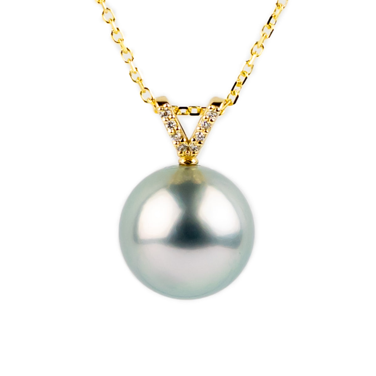 Luminous Frost Blue Tahitian Pearl & Diamond Hoa Necklace on 14K Yellow Gold