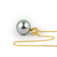 Luminous Frost Blue Tahitian Pearl & Diamond Hoa Necklace on 14K Yellow Gold