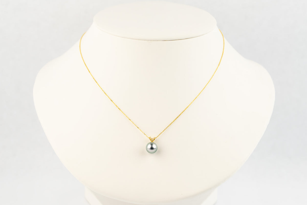 Luminous Frost Blue Tahitian Pearl & Diamond Hoa Necklace on 14K Yellow Gold