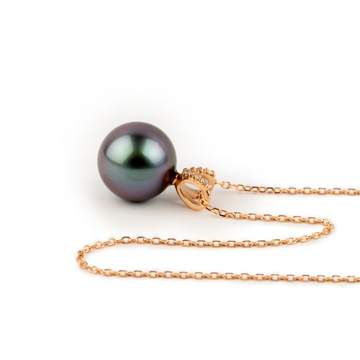 Flashy Violet Green Tahitian Pearl & Diamond Hoa Necklace on 14K Rose Gold