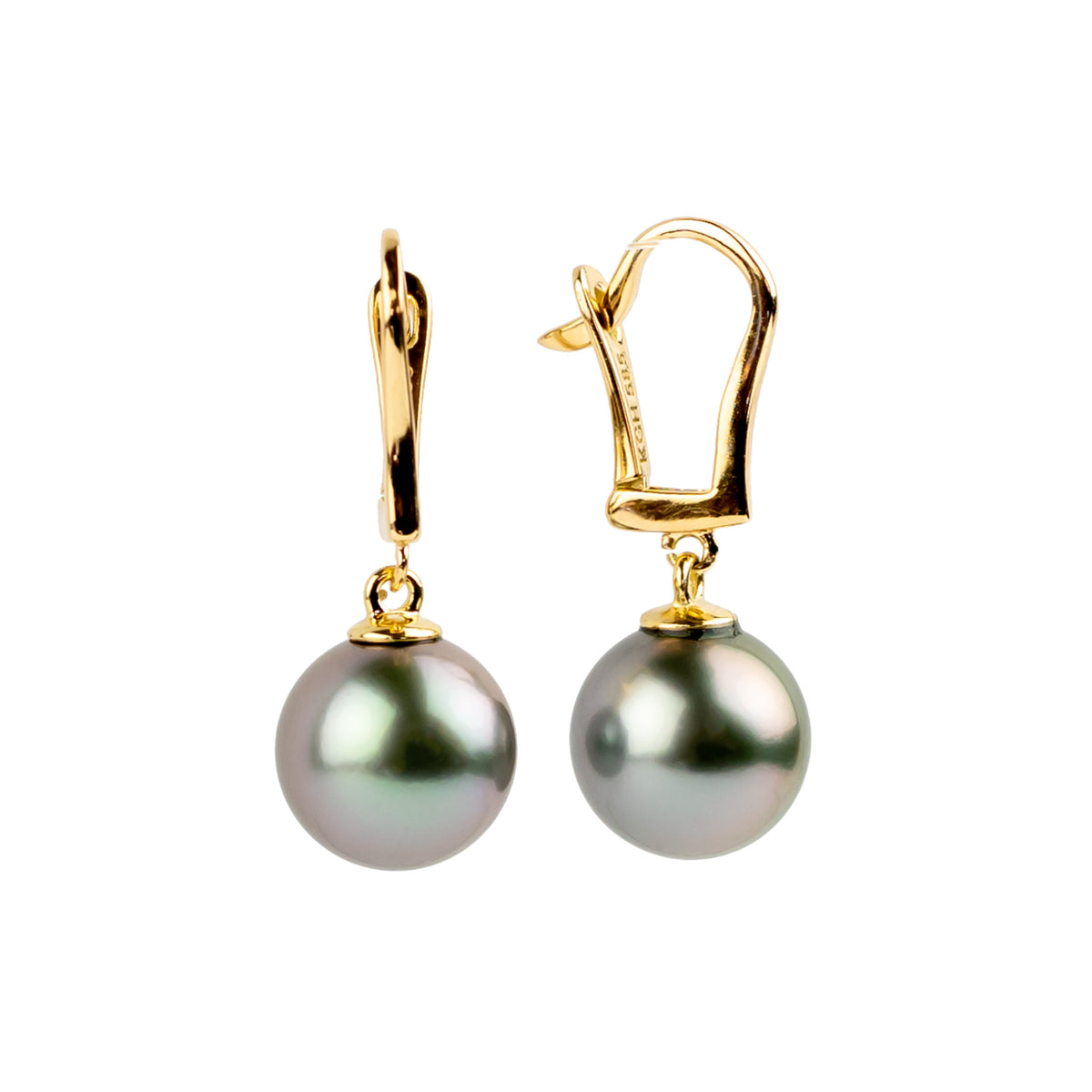 Lavender Blue Green 9.7mm Tahitian Pearl Lever Back Earrings on 14K Yellow Gold