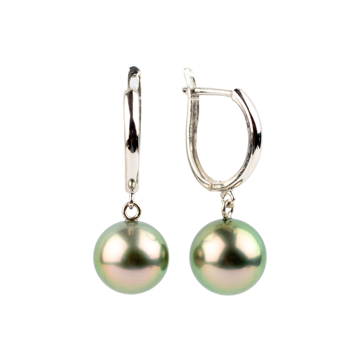 Vivid Pink Green 8.6mm Tahitian Pearl U-Hoop Earrings on 14K White Gold