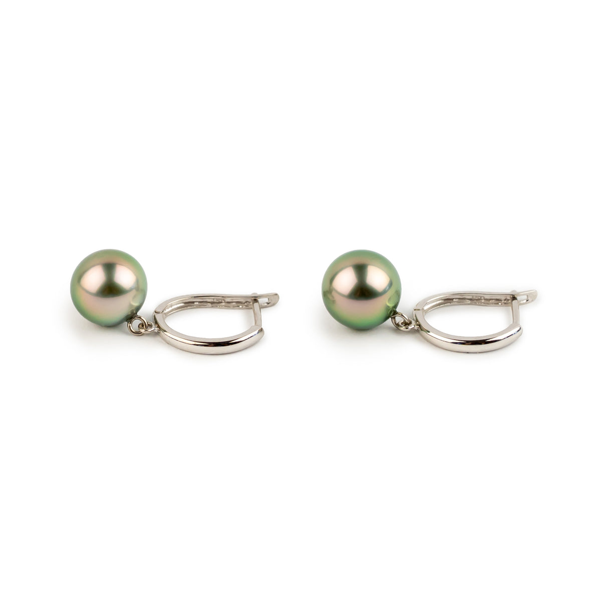 Vivid Pink Green 8.6mm Tahitian Pearl U-Hoop Earrings on 14K White Gold