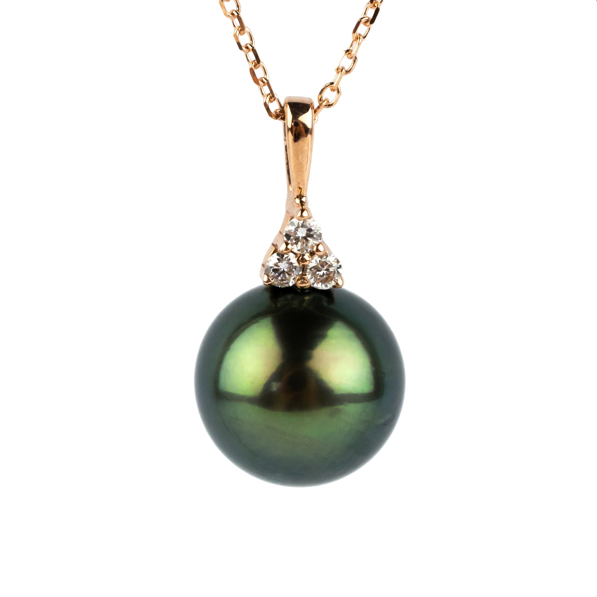 Bright Green Tahitian Pearl & Diamond Toru Necklace on 14K Rose Gold