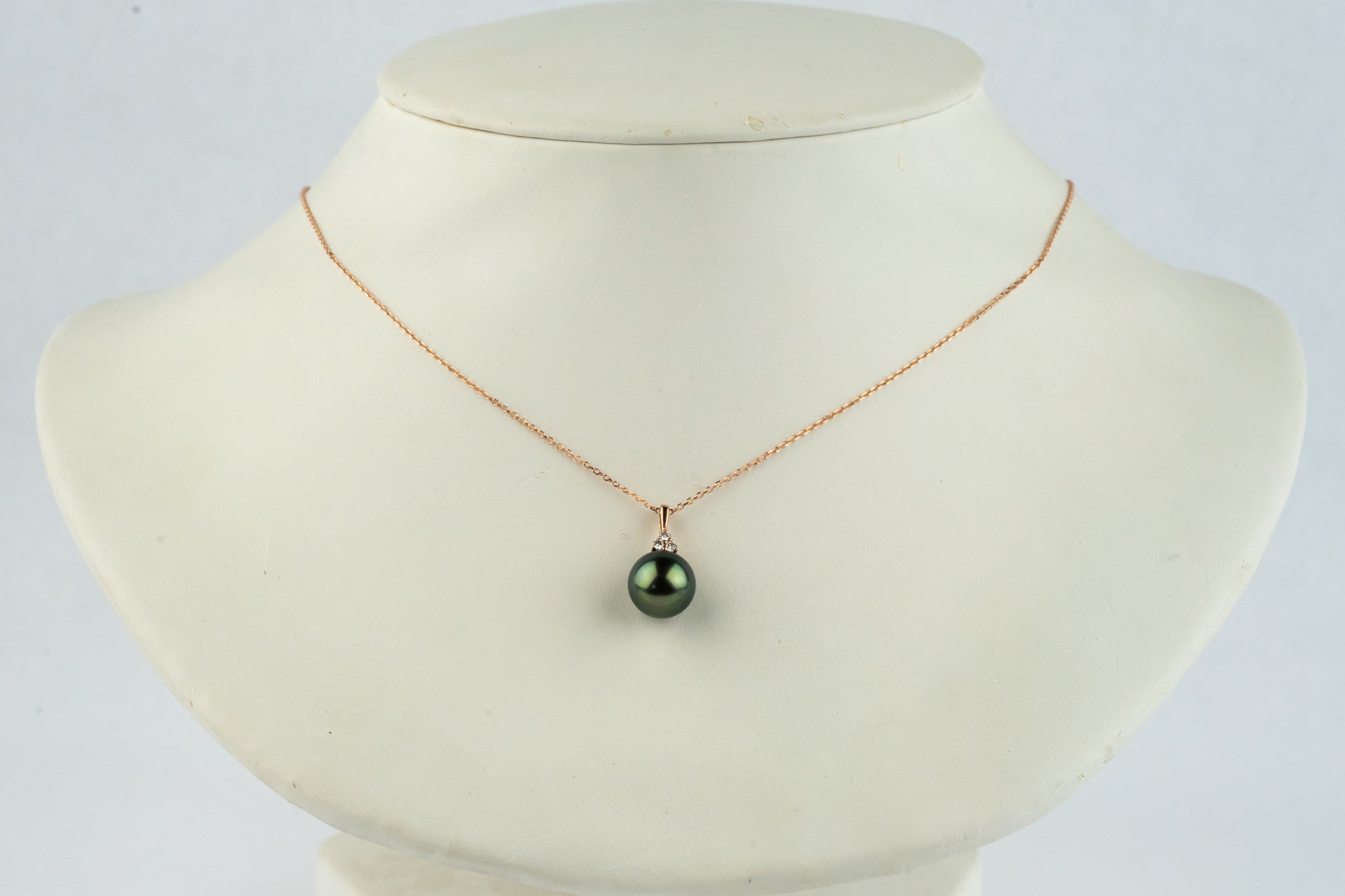 Bright Green Tahitian Pearl & Diamond Toru Necklace on 14K Rose Gold