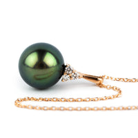Bright Green Tahitian Pearl & Diamond Toru Necklace on 14K Rose Gold