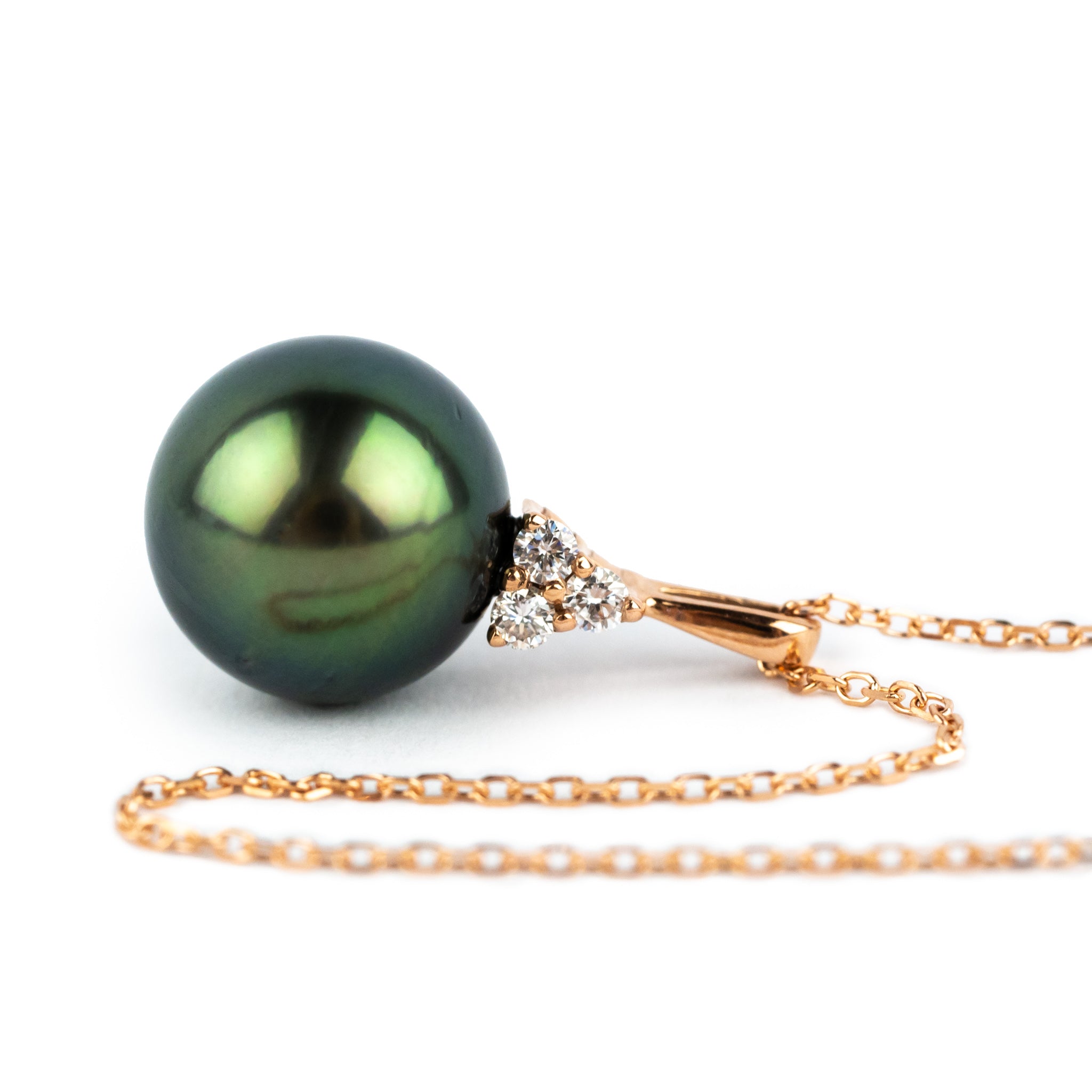 Bright Green Tahitian Pearl & Diamond Toru Necklace on 14K Rose Gold