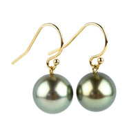 Iridescent Green Tahitian Pearl Dangle Earrings on 14K Yellow Gold