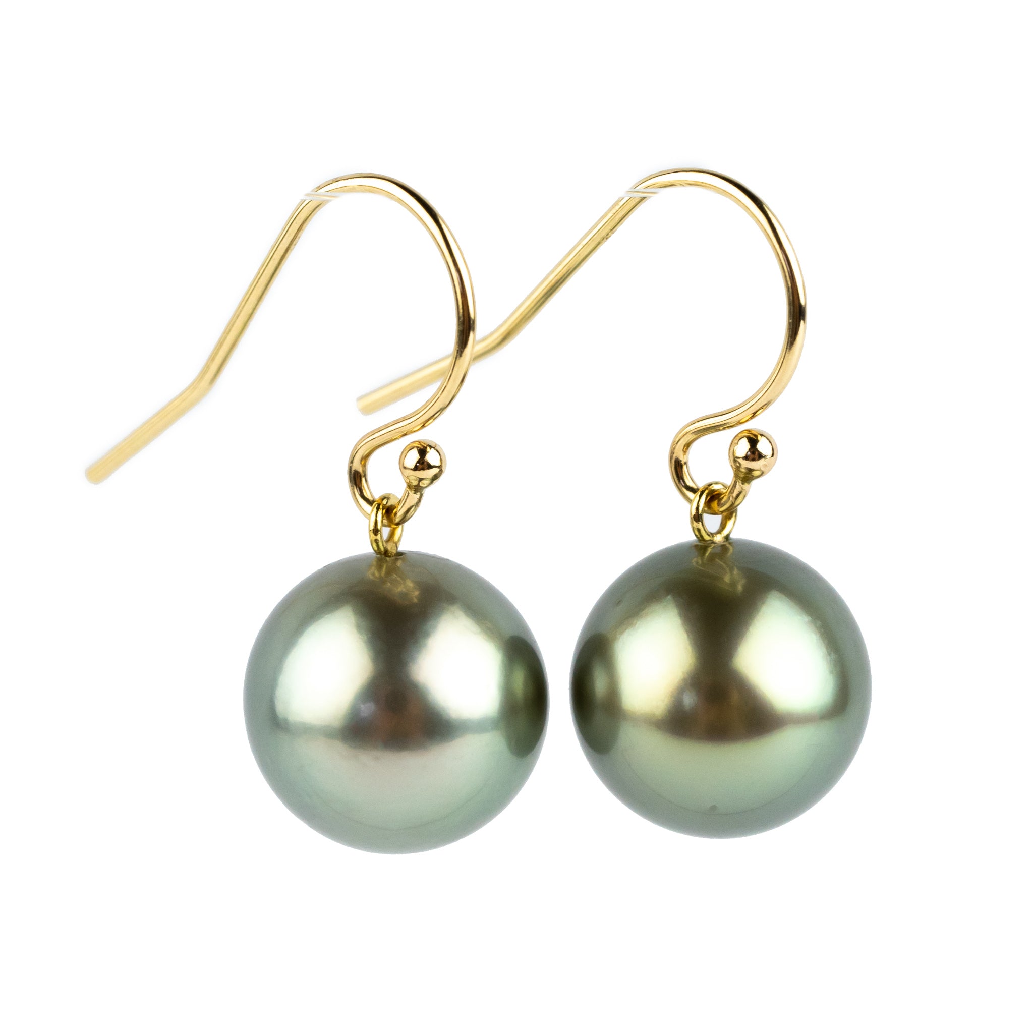 Iridescent Green Tahitian Pearl Dangle Earrings on 14K Yellow Gold