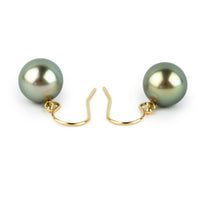Iridescent Green Tahitian Pearl Dangle Earrings on 14K Yellow Gold