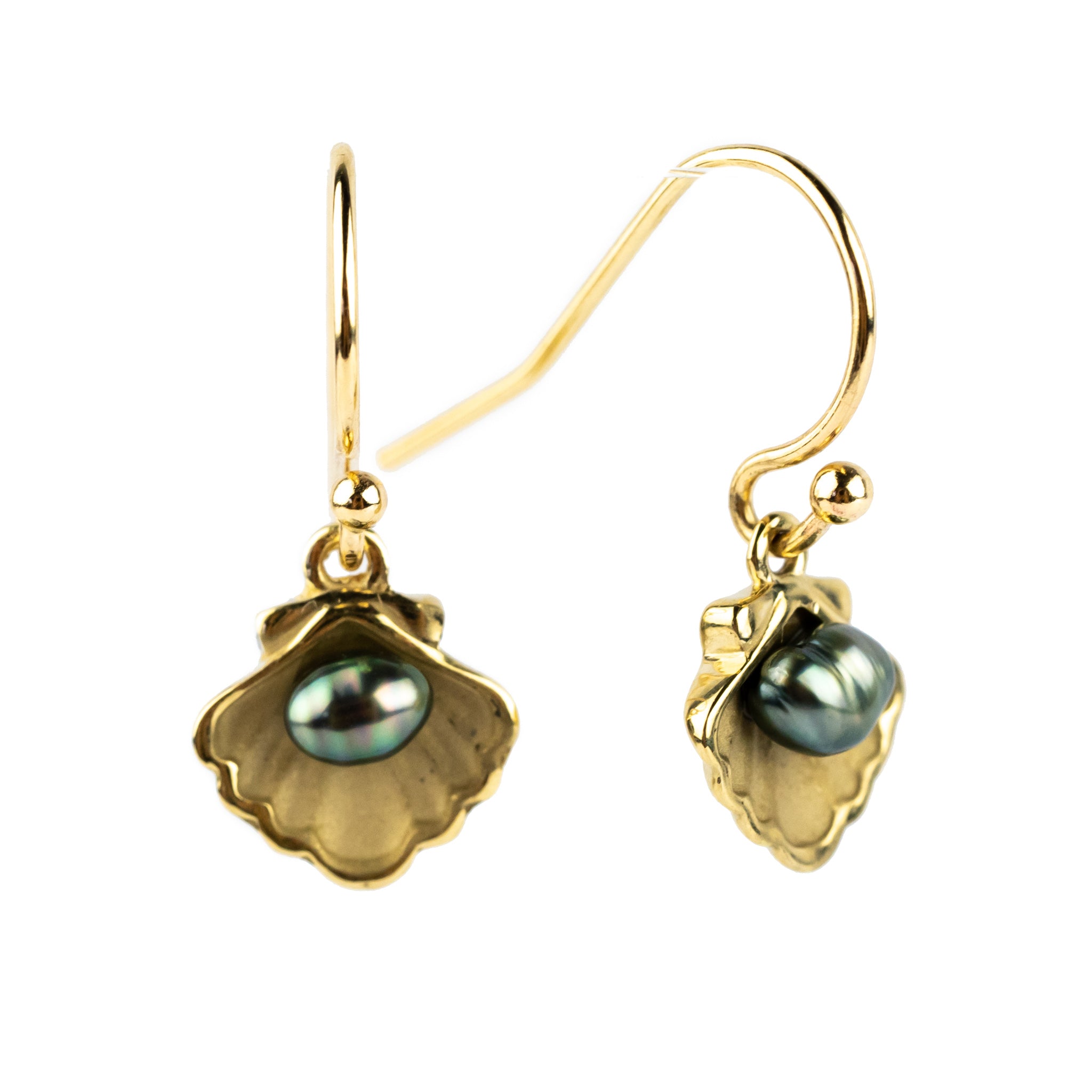 Tahitian Keshi Pearl 14K Yellow Gold Seashell Dangle Earrings