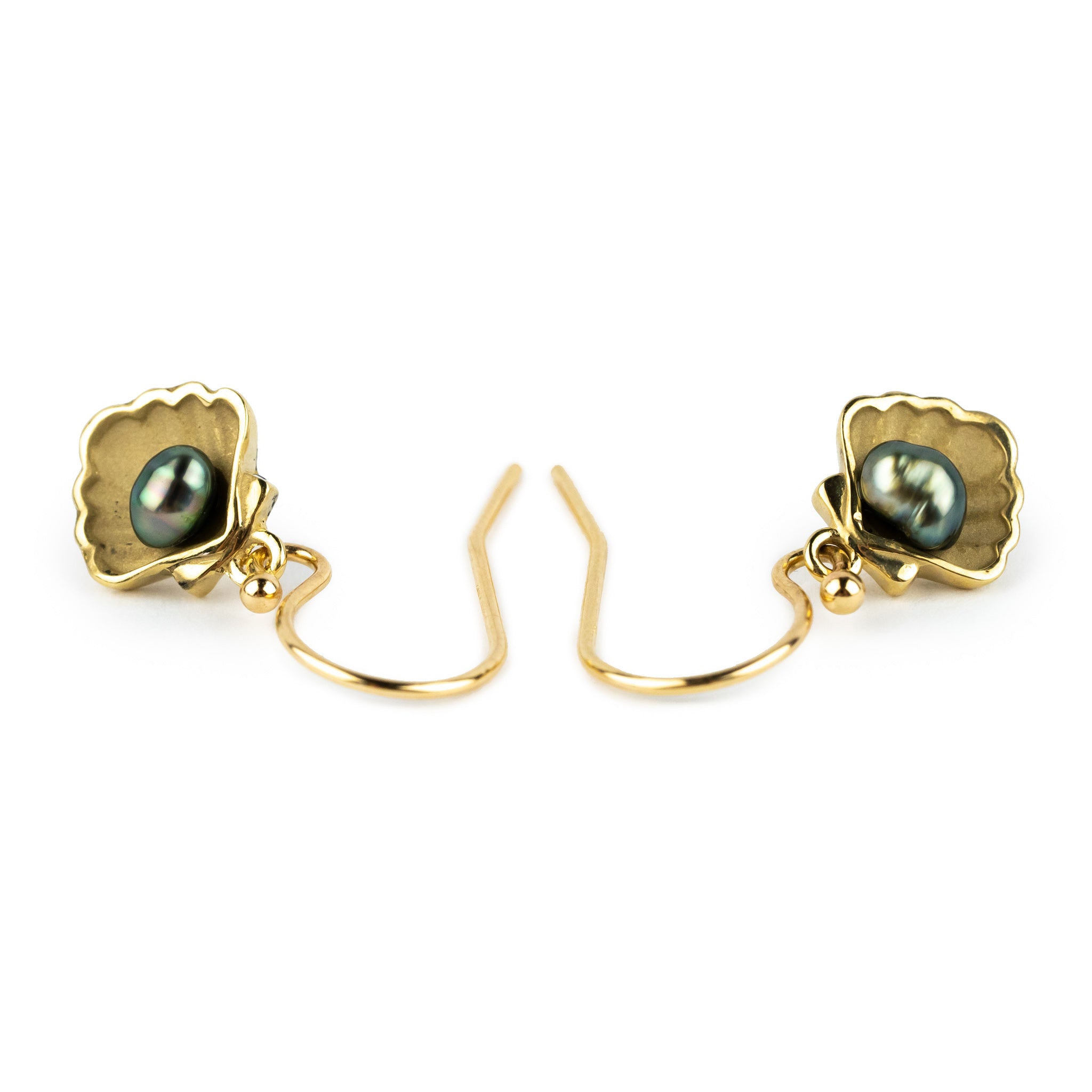 Tahitian Keshi Pearl 14K Yellow Gold Seashell Dangle Earrings