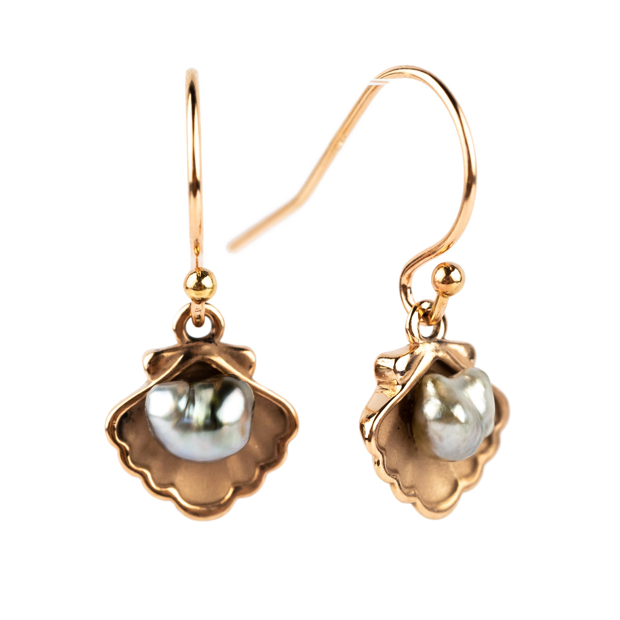 Tahitian Keshi Pearl 14K Rose Gold Seashell Dangle Earrings