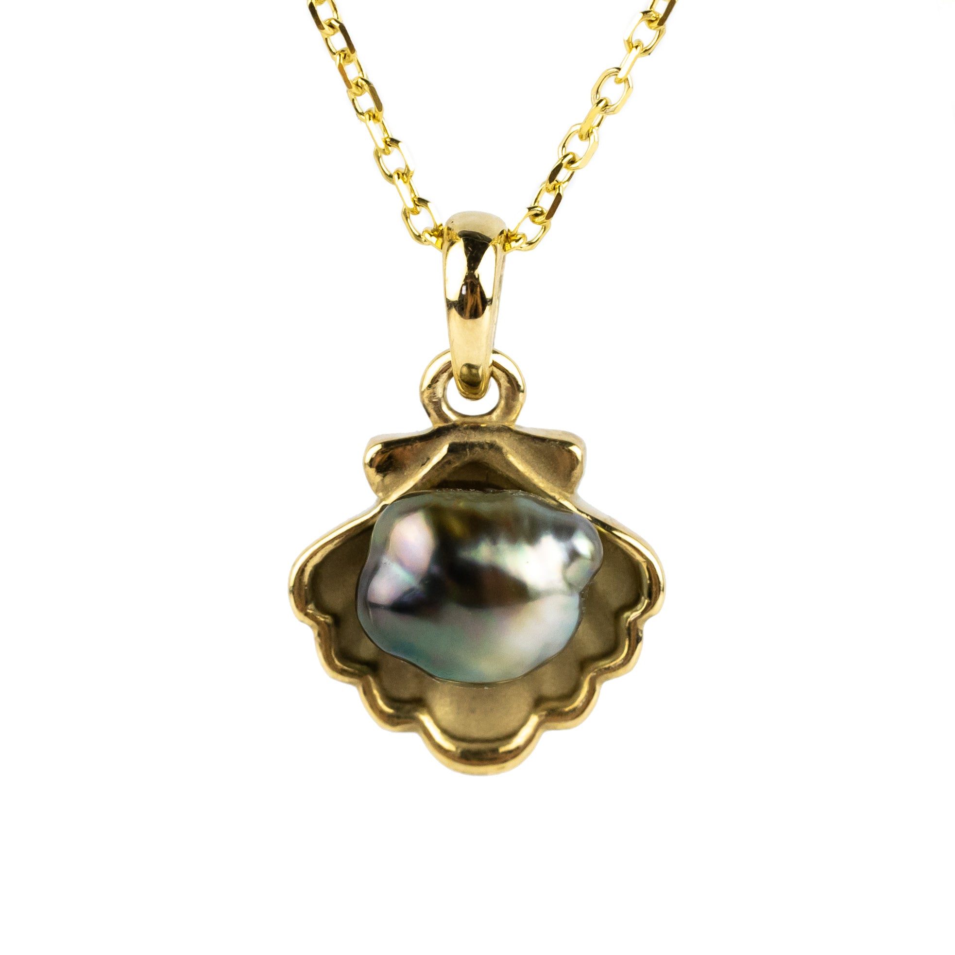 Tahitian Keshi Pearl 14K Yellow Gold Seashell Necklace