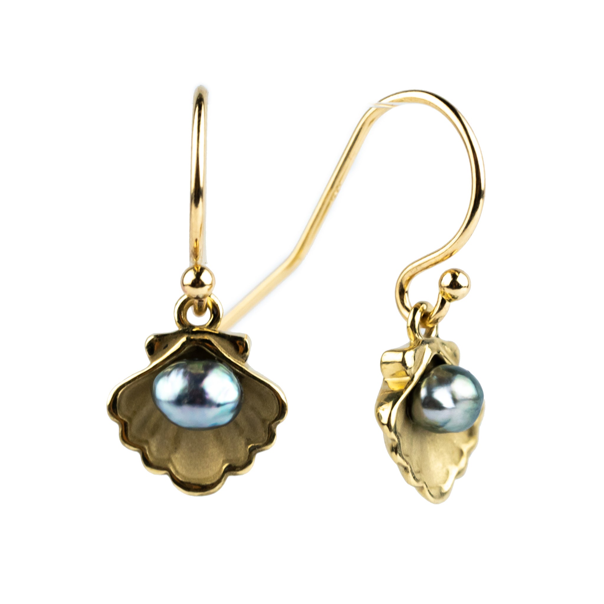 Tahitian Keshi Pearl 14K Yellow Gold Seashell Dangle Earrings