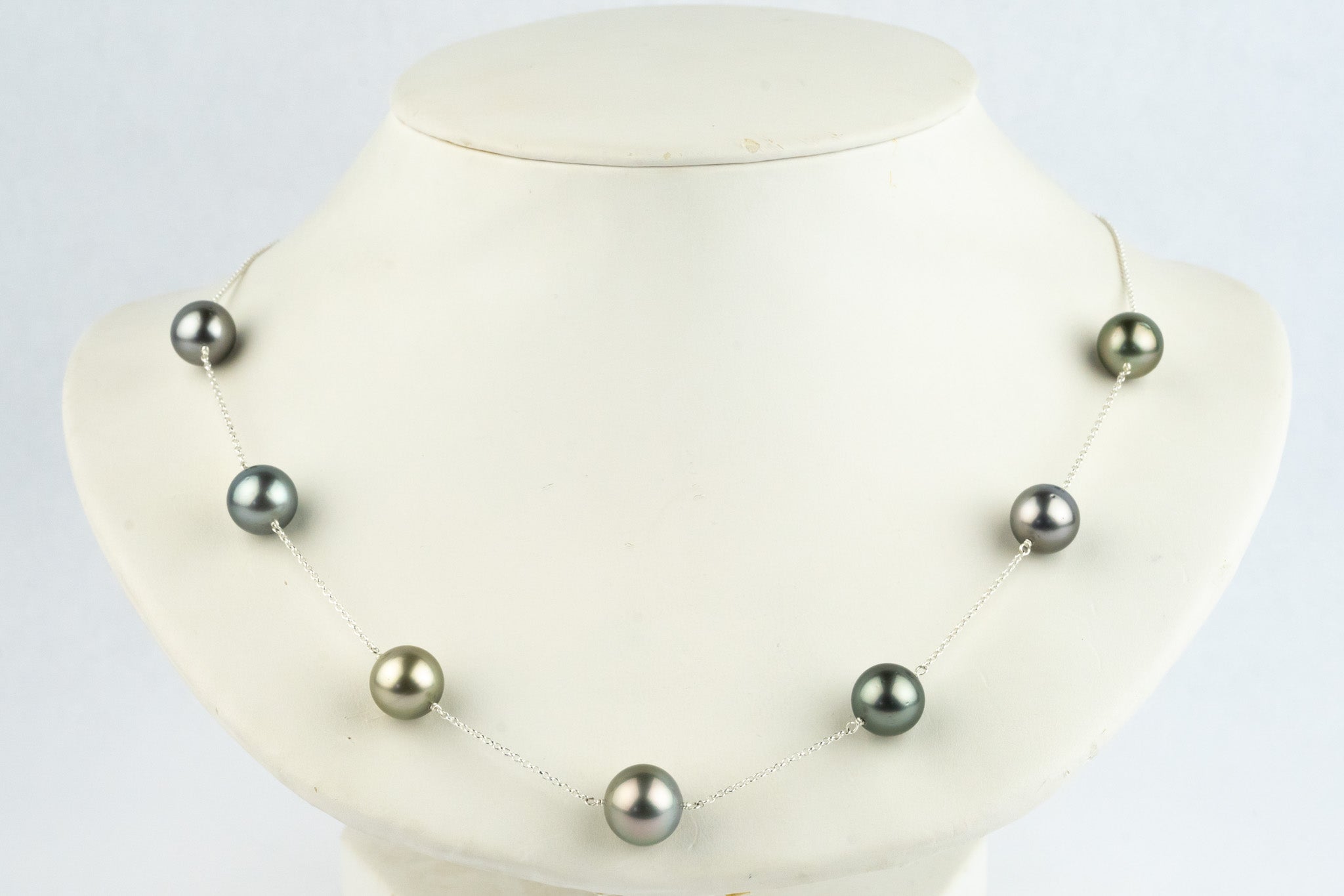 Silvery Lavender Green Tin-Cup Tahitian Pearl Necklace on Sterling Silver