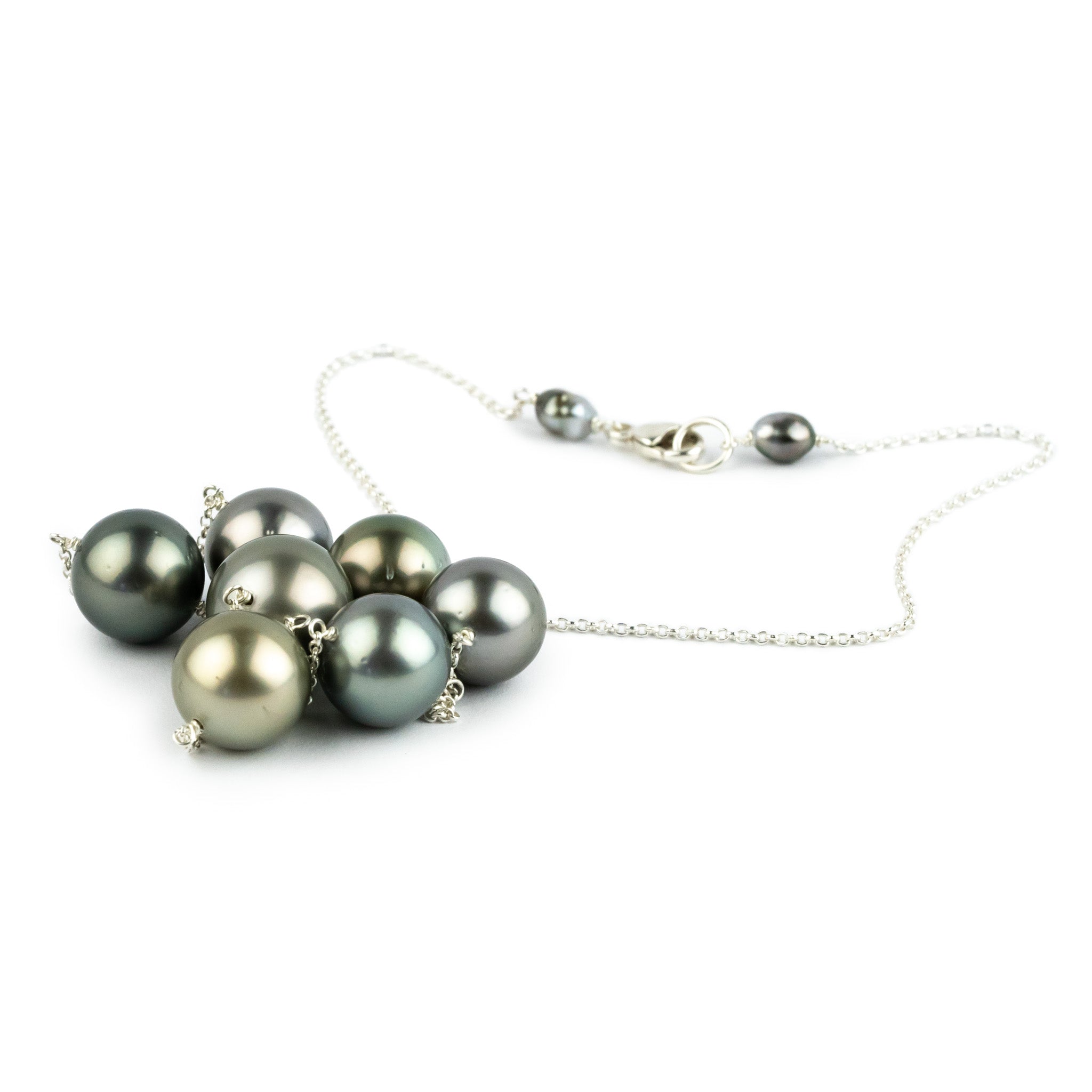Silvery Lavender Green Tin-Cup Tahitian Pearl Necklace on Sterling Silver