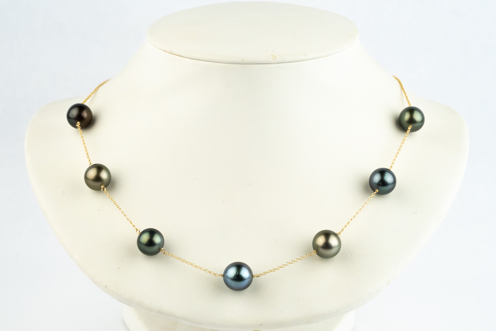 Indigo Golden Green Tin-Cup Tahitian Pearl Necklace on 14/20 Gold Filled