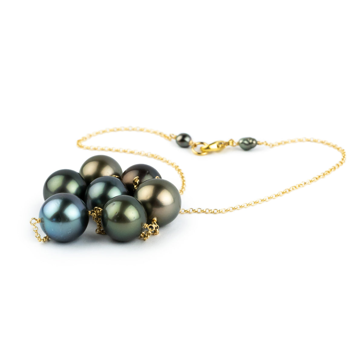 Indigo Golden Green Tin-Cup Tahitian Pearl Necklace on 14/20 Gold Filled