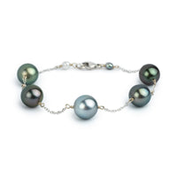 Silky Blue Green Tahitian Pearl Tin Cup Bracelet on 14k White Gold