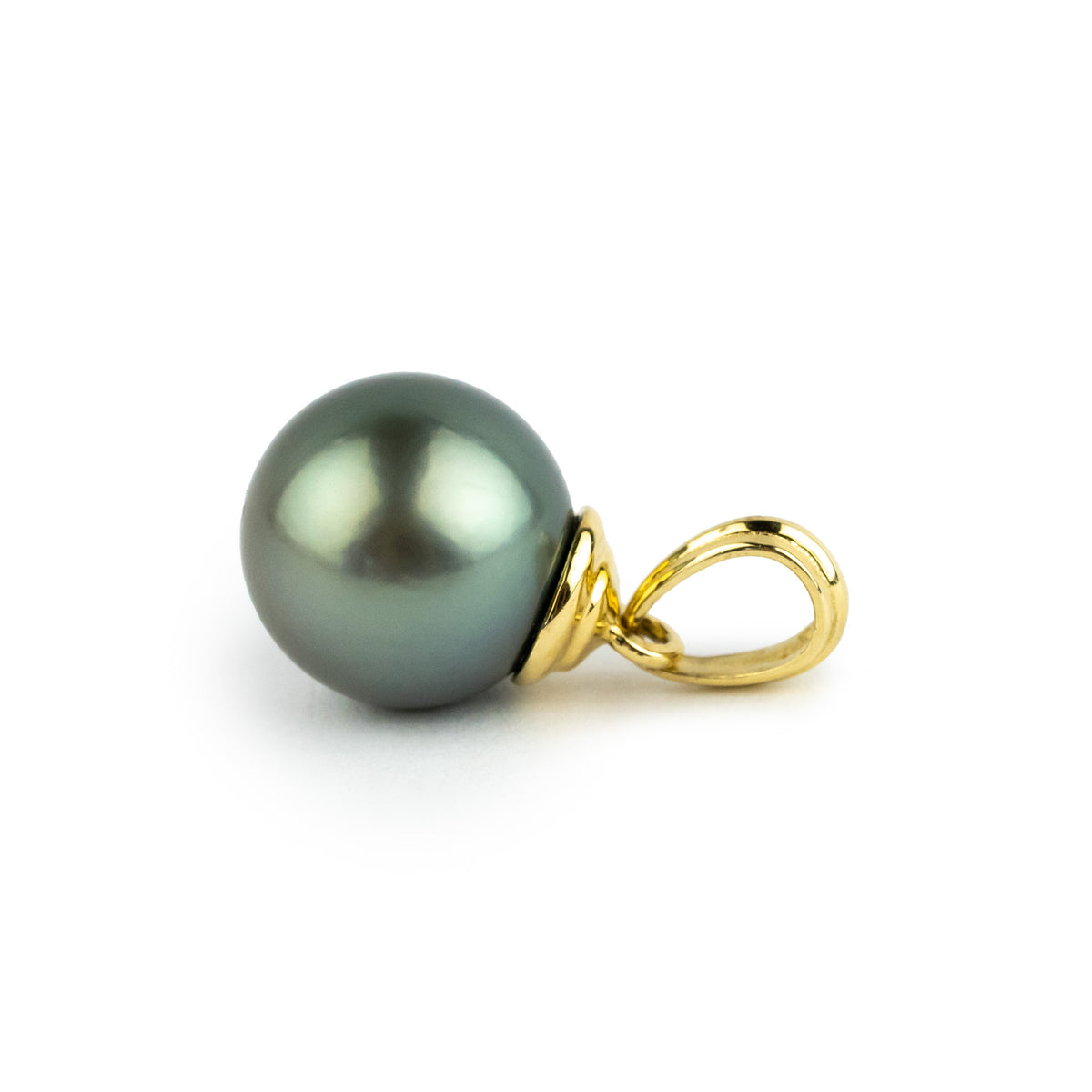 Dusky Seafoam Green 10mm Tahitian Pearl Beehive Pendant on 14k Yellow Gold