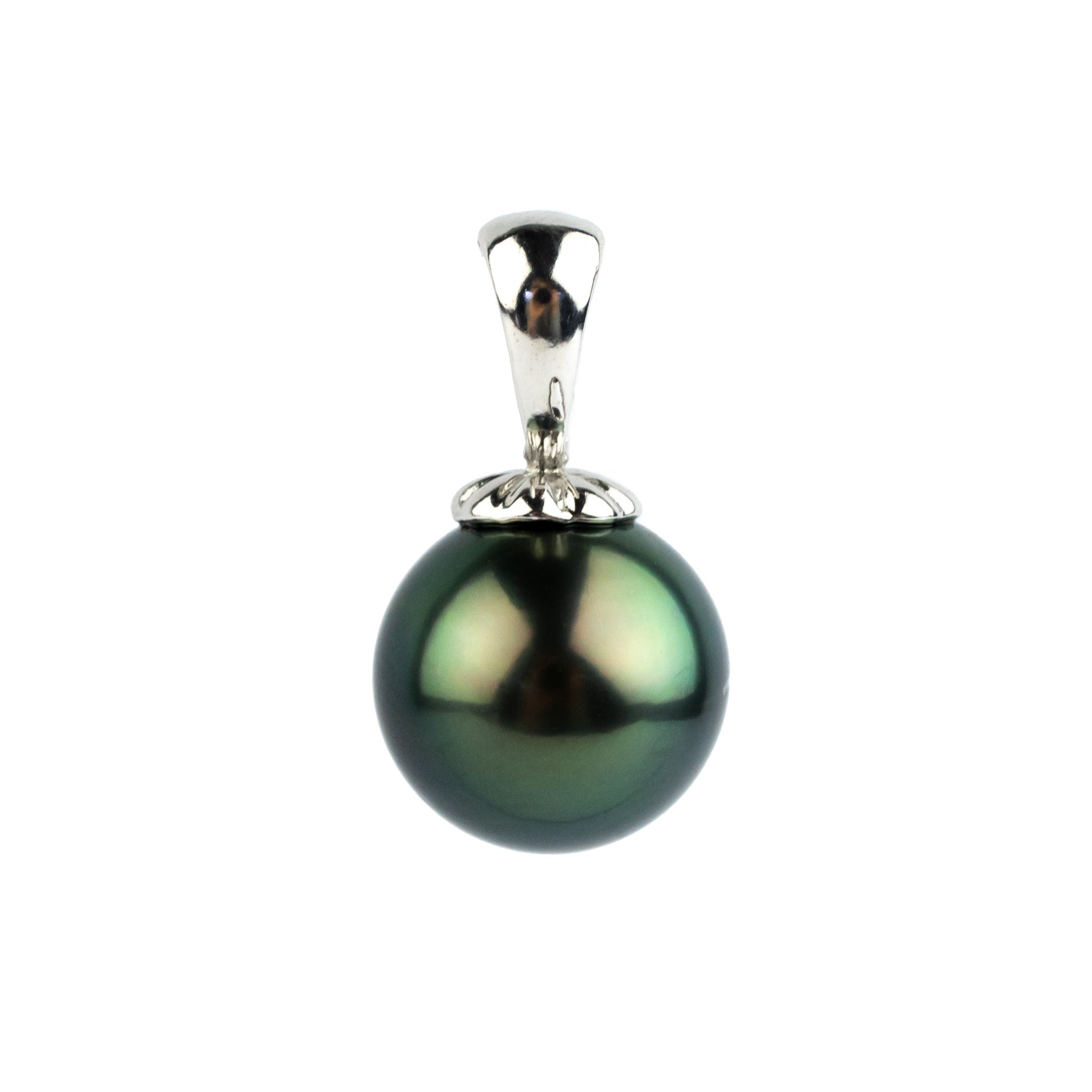 Deep Peacock Green 10.4mm Tahitian Pearl Pendant on 14K White Gold