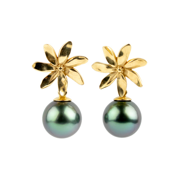 Lavender Teal Tiaré 14K Gold Tahitian Pearl Dangle Earrings