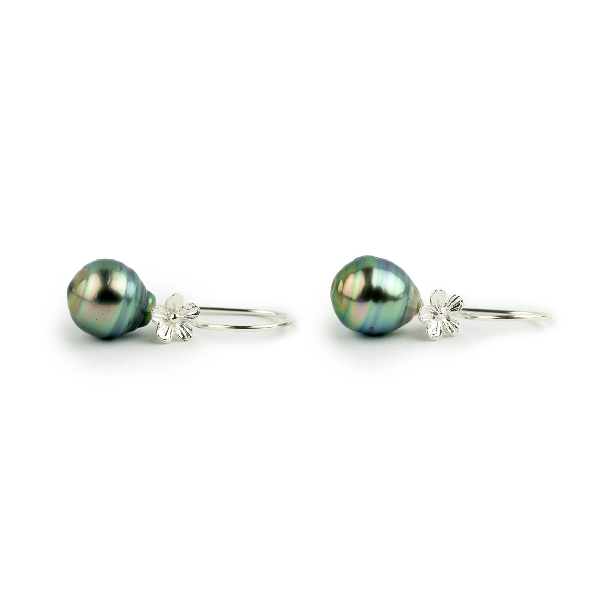 Vivid Blue Green Circled Tahitian Pearl Hibiscus Hook Earrings